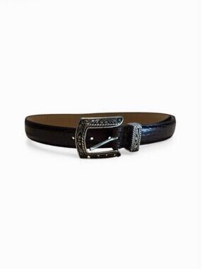 Brighton Brown Croc-Embossed Leather Belt with Ornate Silver Buckle, Size 30